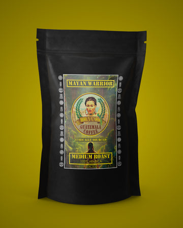 Mayan Warrior Guatemala coffee package on a yellow background